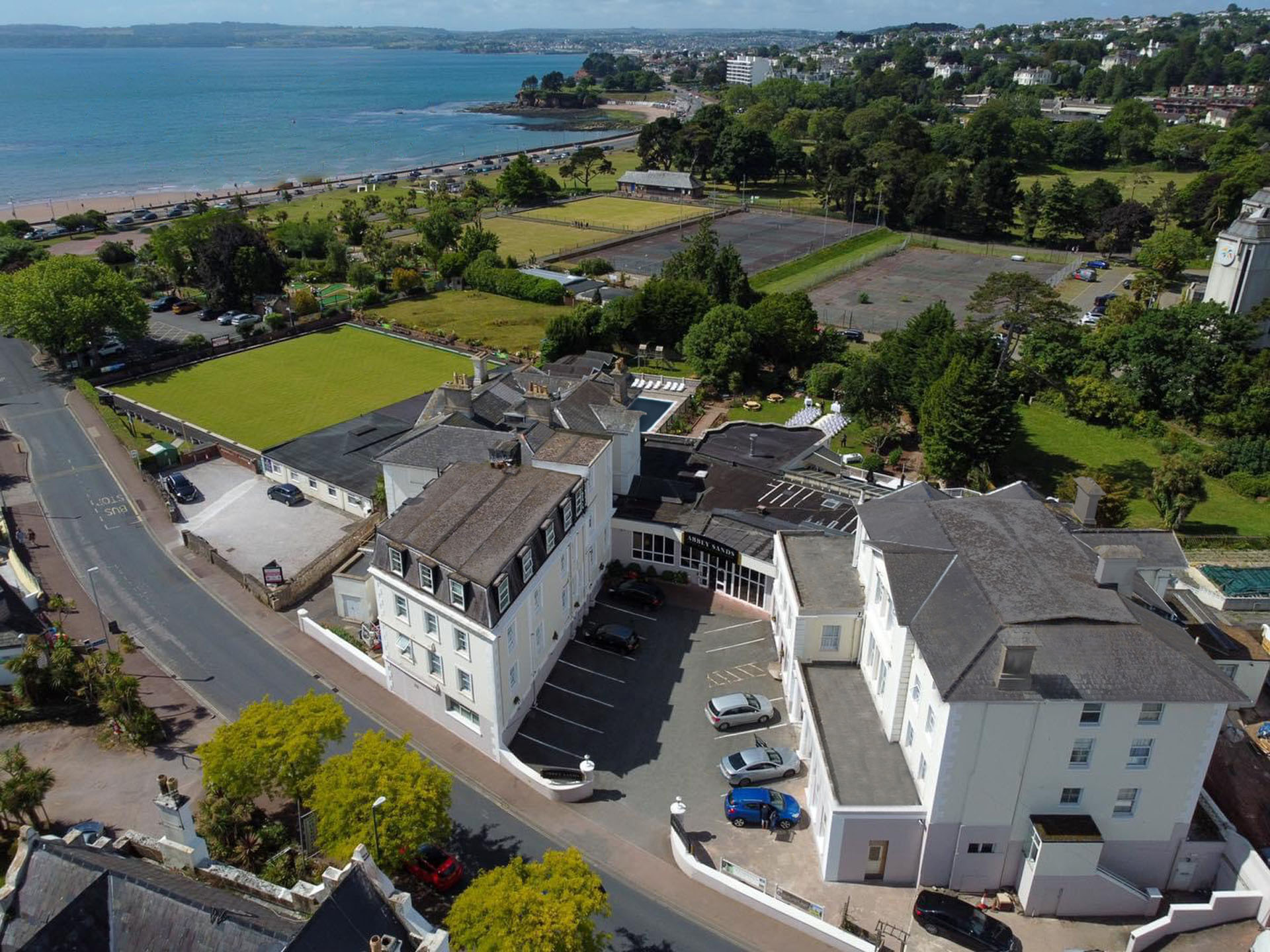 Aerial view of Abbey Sands Hotel and gardens